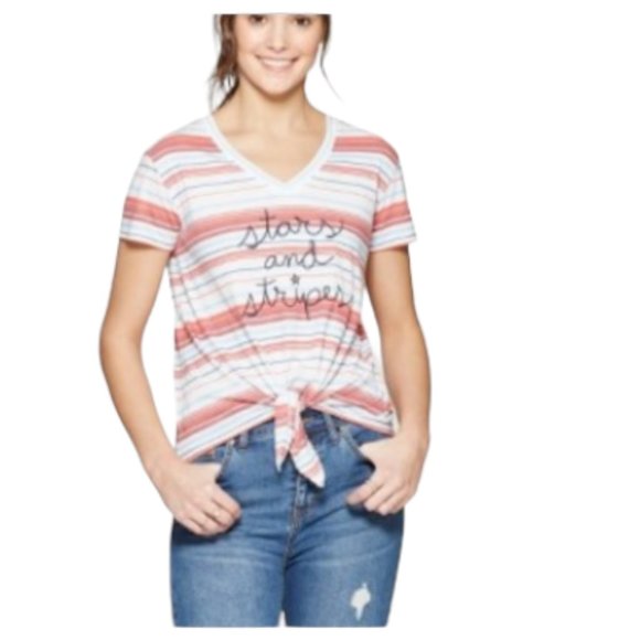 NEW Fifth Sun Americana Flag Embroidered Front Tie Crop Tee T-Shirt - Picture 1 of 7